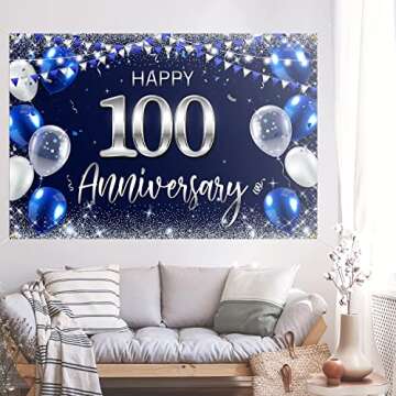 Happy 100th Anniversary Backdrop Banner Decor - Navy Blue