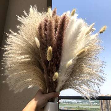 110Pcs Dried Pampas Grass Decor - ALKNOT 20Pcs White Pampas Grass, 20Pcs Brown Pompous Grass, 30Pcs Bunny Tails, 40Pcs Reed Grass, Fluffy Stem Bouquet for Boho Home Wedding Decoration（17.5 Inch）