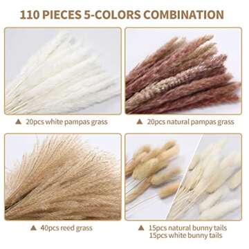 110Pcs Dried Pampas Grass Decor - ALKNOT 20Pcs White Pampas Grass, 20Pcs Brown Pompous Grass, 30Pcs Bunny Tails, 40Pcs Reed Grass, Fluffy Stem Bouquet for Boho Home Wedding Decoration（17.5 Inch）