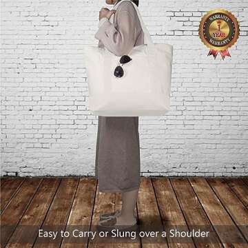 TOPDesign 6-Pack Canvas Tote Bags with an External Pocket, Reusable Grocery Shopping Bags, Top Zipper Closure, Daily Essentials (Natural)