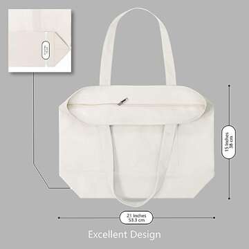 TOPDesign 6-Pack Canvas Tote Bags with an External Pocket, Reusable Grocery Shopping Bags, Top Zipper Closure, Daily Essentials (Natural)