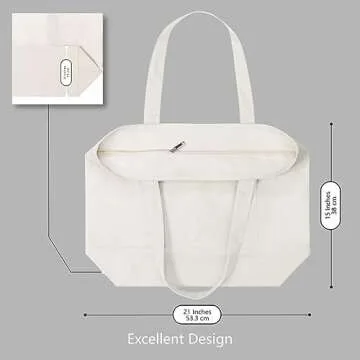 TOPDesign 6-Pack Canvas Tote Bags with an External Pocket, Reusable Grocery Shopping Bags, Top Zipper Closure, Daily Essentials (Natural)