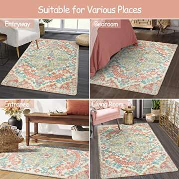 Lahome Bohemian Floral Medallion Area Rug - 3x5 Pink Rug for Bedroom Girls Soft Nursery Mat, Non-Sli...