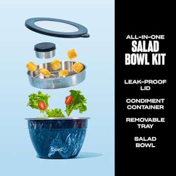 S'well Stainless Steel Salad Bowl Kit - 64oz, Azurite - Comes with 2oz Condiment Container and Removable Tray for Organization - Leak-Proof, Easy to Clean, Dishwasher Safe