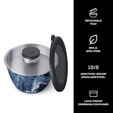 S'well Stainless Steel Salad Bowl Kit - 64oz, Azurite - Comes with 2oz Condiment Container and Removable Tray for Organization - Leak-Proof, Easy to Clean, Dishwasher Safe