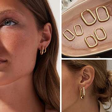 Gold Hoop Earrings for Women, 14K Real Gold Plated Lightweight Chunky Gold Hoops Earrings for Gifts (3 Pairs Square)