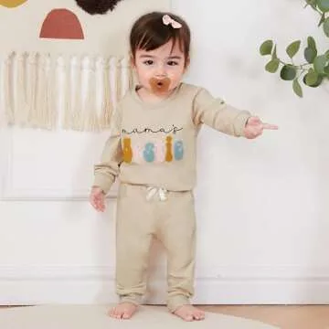 Kupretty Toddler Baby Girl Fall Winter Clothes Embroidered Letter Graphic Crewneck Sweatshirt + Joggers Pants Outfits Set (Beige, 18-24 Months)