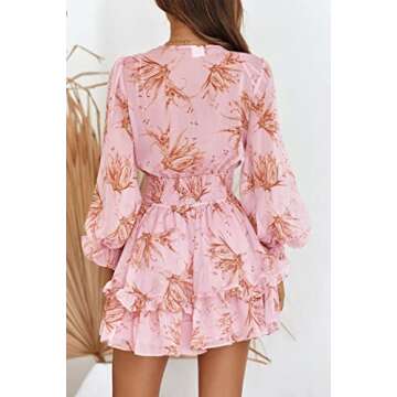 PRETTYGARDEN Women's Short A-Line Flare Dress Knot Front Long Sleeve V Neck Tiered Ruffle Swing Mini Skater Dresses (Pink Floral,Small)