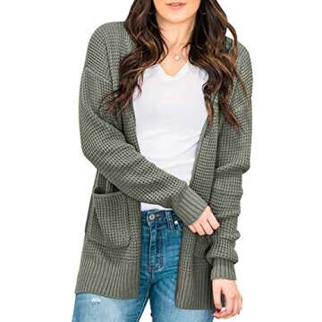 MEROKEETY Womens Long Sleeve Waffle Knit Cardigan Open Front Side Slit Sweater Army Green