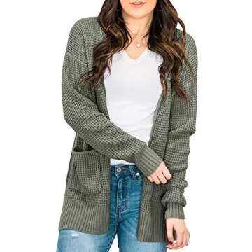 MEROKEETY Womens Long Sleeve Waffle Knit Cardigan Open Front Side Slit Sweater Army Green