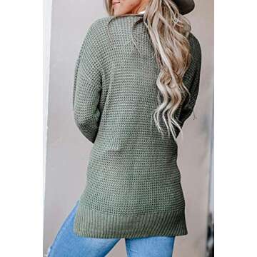 MEROKEETY Womens Long Sleeve Waffle Knit Cardigan Open Front Side Slit Sweater Army Green