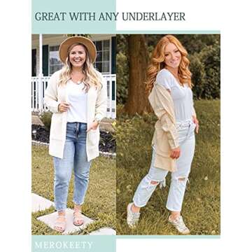 MEROKEETY Womens Long Sleeve Waffle Knit Cardigan Open Front Side Slit Sweater Army Green