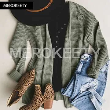 MEROKEETY Womens Long Sleeve Waffle Knit Cardigan Open Front Side Slit Sweater Army Green