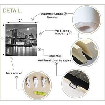 LevvArts Black and White City Wall Art Modern Brooklyn Bridge Picture Prints US Cityscape Canvas Artwork for Bedroom Home Decor