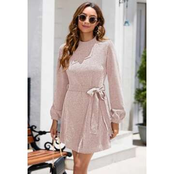 HAPCOPE Women's 2024 Fall Winter Chenille Sweater Dress Mock Neck Long Sleeve Mini Dresses with Belt Baby Pink S