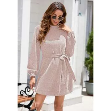 HAPCOPE Women's 2024 Fall Winter Chenille Sweater Dress Mock Neck Long Sleeve Mini Dresses with Belt Baby Pink S