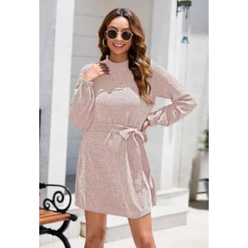 HAPCOPE Women's 2024 Fall Winter Chenille Sweater Dress Mock Neck Long Sleeve Mini Dresses with Belt Baby Pink S