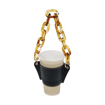 Tsnamay PU Leather Portable Cup Holder, PU Leather Cup Sleeve Coffee Cup Holder with Handle,Black + Amber Chain