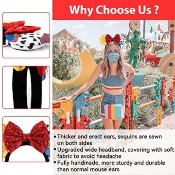 UNSPAZ Mouse Ears Headband, Extra Thick & Soft Ear Headband for Adult Women Grils, Sequin Shiny Bow Headband for Cosplay Party Trip Hair Decorations (TS Yellow)