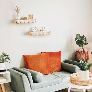 Mkono Macrame Floating Shelves Boho Wall Decor Set of 2 Natural Wood Hanging Storage Shelf for Bedro...