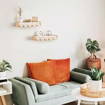 Mkono Macrame Floating Shelves Boho Wall Decor Set of 2 Natural Wood Hanging Storage Shelf for Bedro...