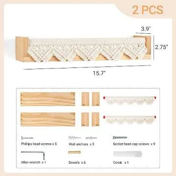 Mkono Macrame Floating Shelves Boho Wall Decor Set of 2 Natural Wood Hanging Storage Shelf for Bedroom Bathroom Living Room Nursery Dorm Room, Display Shelving for Hanging Plants Photos