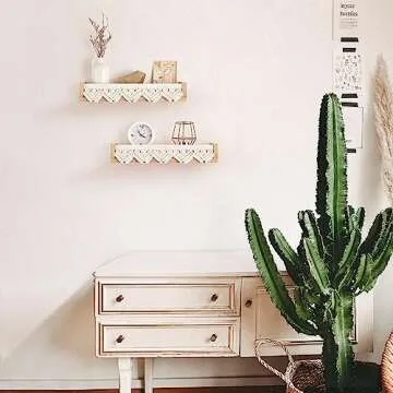 Mkono Macrame Floating Shelves Boho Wall Decor Set of 2 Natural Wood Hanging Storage Shelf for Bedroom Bathroom Living Room Nursery Dorm Room, Display Shelving for Hanging Plants Photos
