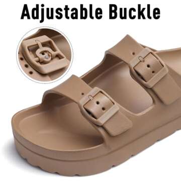 Goosecret Women's Platform Sandals with Arch Support Chunky Lightweight Foam Slip on Slides Comfortable Summer Beach Sandals with Adjustable Buckle Brown, 38(size 7.5)