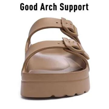 Goosecret Women's Platform Sandals with Arch Support Chunky Lightweight Foam Slip on Slides Comfortable Summer Beach Sandals with Adjustable Buckle Brown, 38(size 7.5)