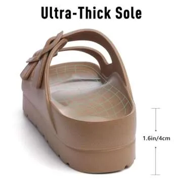 Goosecret Women's Platform Sandals with Arch Support Chunky Lightweight Foam Slip on Slides Comfortable Summer Beach Sandals with Adjustable Buckle Brown, 38(size 7.5)