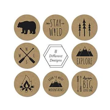 Rustic Mountain Baby Shower Stickers / 8 Adventure Birthday Party Designs / 1.5" Gender Neutral Little One Labels / 500 Party Favor Labels/Made in The USA