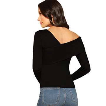 ROMWE Women's Slim Cross Wrap Asymmetrical Neck Solid Ribbed Knit Tee Shirt Blouse Black Medium