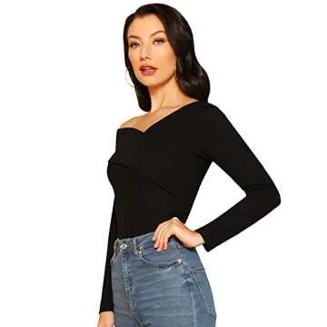 ROMWE Women's Slim Cross Wrap Asymmetrical Neck Solid Ribbed Knit Tee Shirt Blouse Black Medium