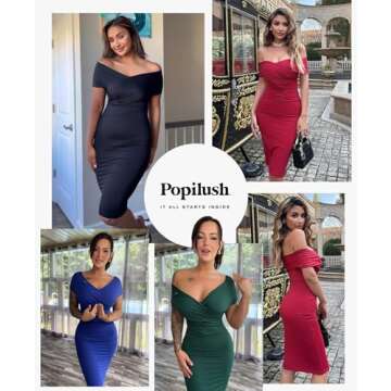 Popilush Off Shoulder Dresses for Women Cocktail Midi Dress Shapewear Tummy Control Wrap V Neck Form...