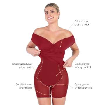 Popilush Off Shoulder Dresses for Women Cocktail Midi Dress Shapewear Tummy Control Wrap V Neck Formal Wedding Guest Dress Wine Red