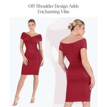 Popilush Off Shoulder Dresses for Women Cocktail Midi Dress Shapewear Tummy Control Wrap V Neck Formal Wedding Guest Dress Wine Red