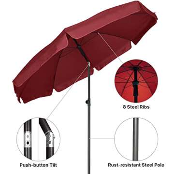 AMMSUN 6.5ft Outdoor Patio Umbrella - Maroon, UPF50+ Sun Protection, Versatile for Garden & Backyard