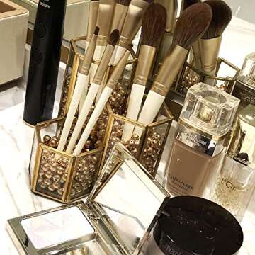 Makeup Brush Holder Cosmetics Lipstick Bathroom Organizer Gold Glass Handmade 3 Slot Copper for Desk Desktop Clear Storage with Free Pearls - 001