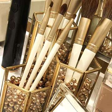 Makeup Brush Holder Cosmetics Lipstick Bathroom Organizer Gold Glass Handmade 3 Slot Copper for Desk Desktop Clear Storage with Free Pearls - 001