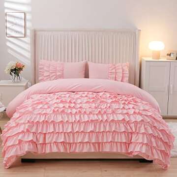 Holawakaka Pink Waterfall Ruffle Comforter Set Twin Size Multi-Layers Ruffled Shabby Chic 3PCS Bedding Set for Girls Women