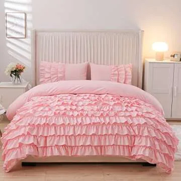 Holawakaka Pink Waterfall Ruffle Comforter Set Twin Size Multi-Layers Ruffled Shabby Chic 3PCS Bedding Set for Girls Women