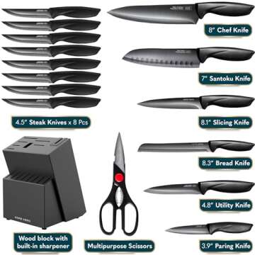 Home Hero Kitchen Knife Set with Sharpener - High Carbon Stainless Steel Knife Block Set with Ergono...