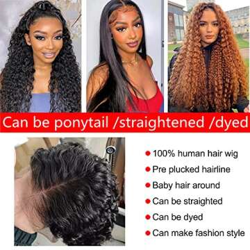 yz grace Deep Wave Lace Front Wigs Human Hair Pre Plucked 13x4 HD Lace Frontal Wigs 180% Density 10A Grade Brazilian Virgin Human Hair Curly Wigs for Black Women Human Hair (18 Inch)