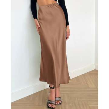 BTFBM 2025 Women Long Satin Summer Fall Skirt Silk Elegant High Waist Cocktail Party Wedding Flared A-Line Midi Skirts(Solid Coffee, Medium)