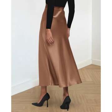 BTFBM 2025 Women Long Satin Summer Fall Skirt Silk Elegant High Waist Cocktail Party Wedding Flared A-Line Midi Skirts(Solid Coffee, Medium)