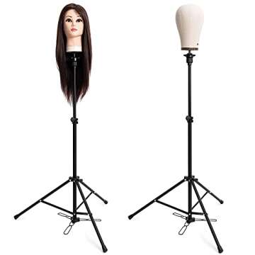 HYOUJIN Wig Head Stand Tripod Mannequin Head Stand Metal Adjustable Holder for Mannequin Head,Manikin Head,Training Head,Canvas Block Head with Wig Caps,T-Pins,Carry Bag (With Foot Panel)