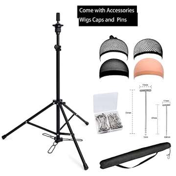 HYOUJIN Wig Head Stand Tripod Mannequin Head Stand Metal Adjustable Holder for Mannequin Head,Manikin Head,Training Head,Canvas Block Head with Wig Caps,T-Pins,Carry Bag (With Foot Panel)