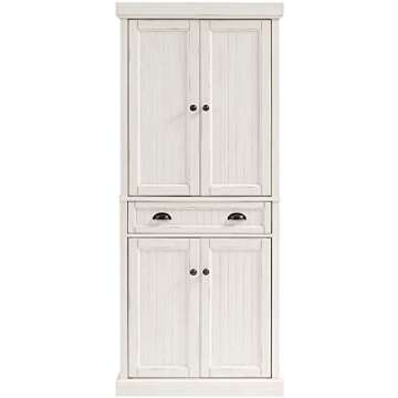 Crosley Furniture Seaside Coastal Pantry Storage Cabinet with Shelves, Kitchen, Dining, or Laundry Room, Distressed White