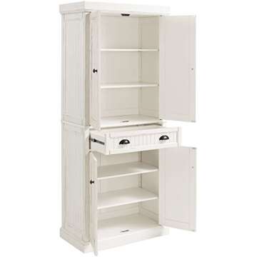Crosley Furniture Seaside Coastal Pantry Storage Cabinet with Shelves, Kitchen, Dining, or Laundry Room, Distressed White
