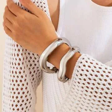 Gold Bangle Bracelets for Women Silver Wide Chunky Cuff Bracelets Trendy Hinged Cuff Open Wide Chunky Bracelet Irregular Minimalist Cuff Jewelry